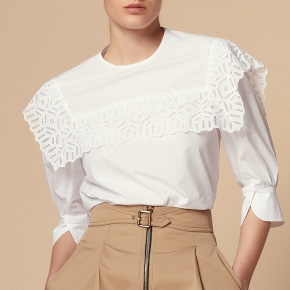 Sandro Guipure Lace Trim Cotton Top - Picture 1 of 9
